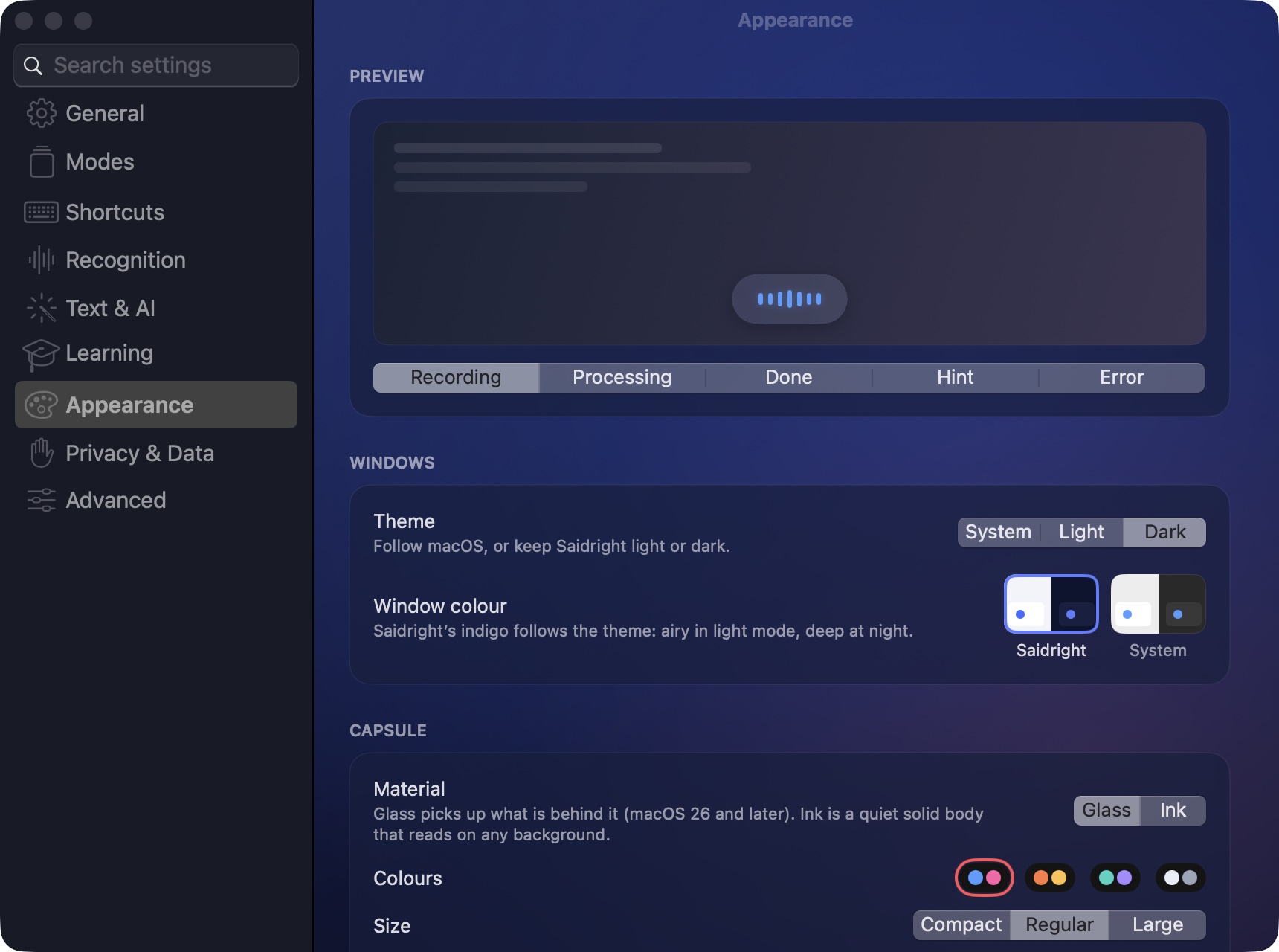 Appearance settings in Saidright: a live capsule preview, theme, window colour, material and palettes