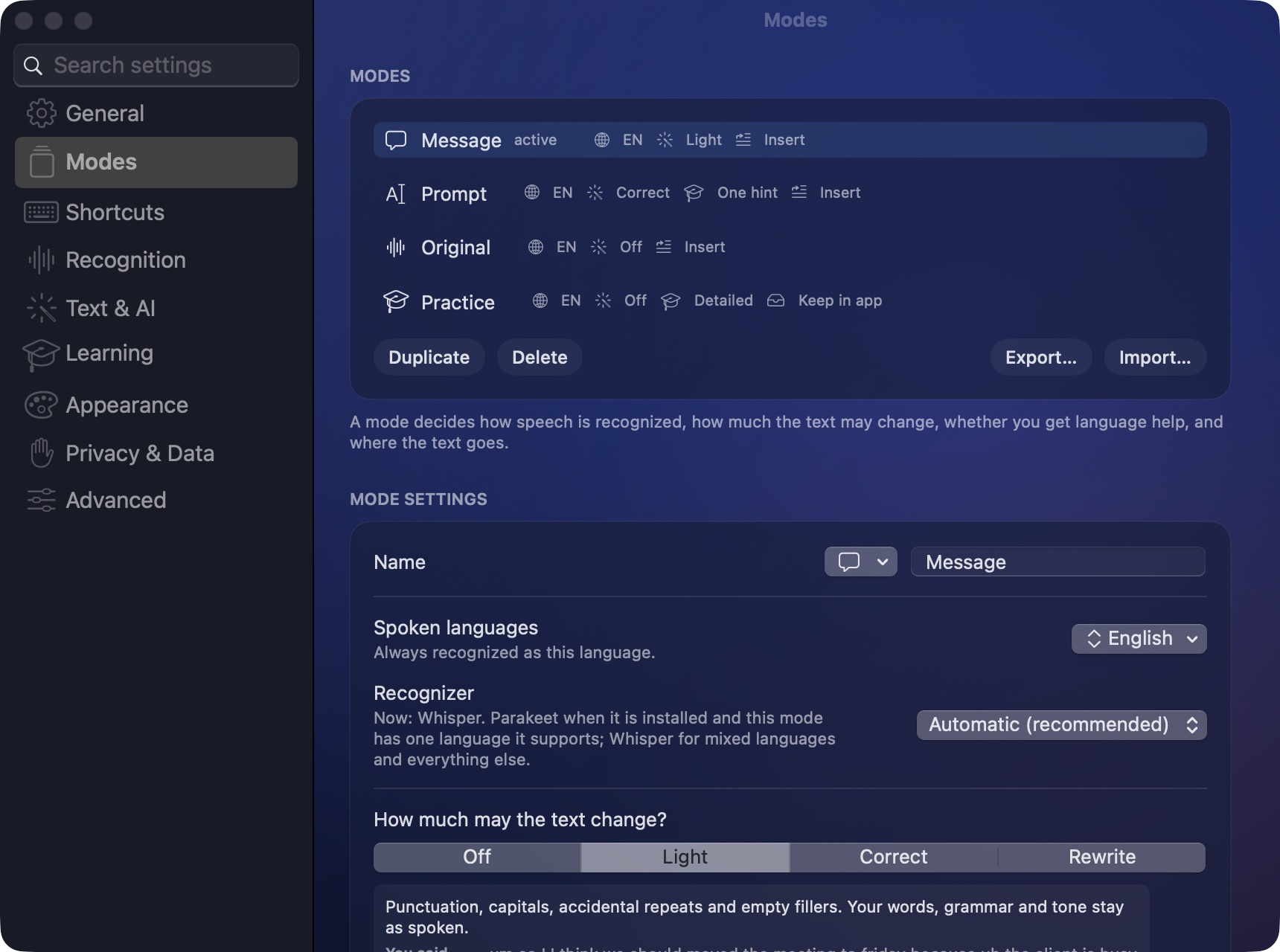 Modes settings: Message, Prompt, Original and Practice, each with its languages, editing level and output