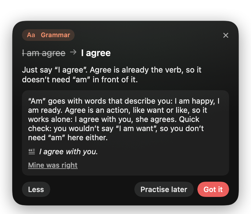 A Saidright tip card: “I am agree” becomes “I agree”, with a short reason, a longer explanation and an example
